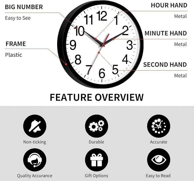 Rohioue Wall Clock Modern 8 Inch Battery Operated Silent Non Ticking Small Analog Clock for Living Room Office Home Bedroom Kitchen Bathroom(Black)