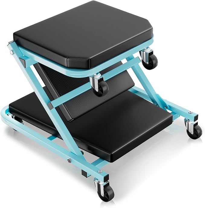 Auto Dynasty 36" Z-Creeper Seat, 2-in-1 Foldable Garage Creeper Shop Seat, 330 LBS Capacity Automotive Mechanic Repair Under Car Rolling Creeper Seat, Sky Blue