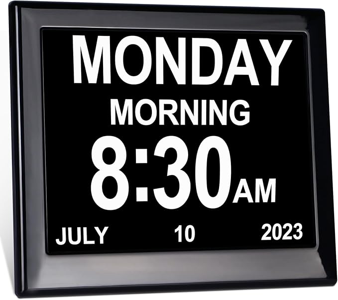 Day Date Time Clock for Seniors Elderly 3 Medication Reminders+ 5 Custom Reminders Digital Calendar Dementia Impaired Vision Memory Loss Clock(Black,8-inch)