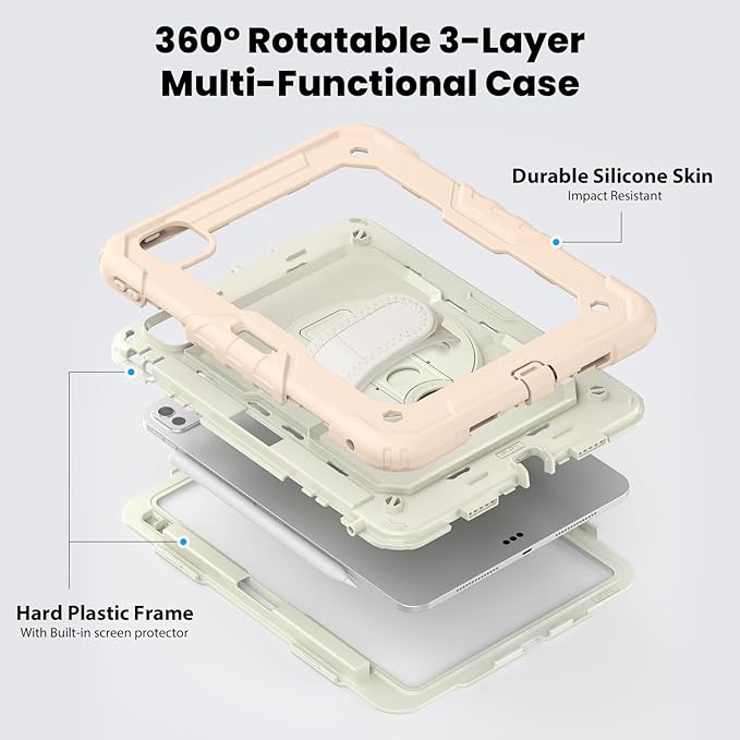Dteck for iPad Pro 11 inch (M4/M5) 2024/2025 Release Shockproof Case with Screen Protector/Stylus Pencil Holder/Rotating Kickstand/Grip Hand Strap, Heavy Duty Protective Rugged Tablet Cover, Pink