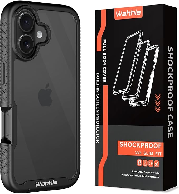 wahhle Compatible with iPhone 16 Plus Case, Built in Screen Protector Full Body Shockproof Slim Fit Bumper Protective Phone Cover 6.7'' Men Women-Black/Clear