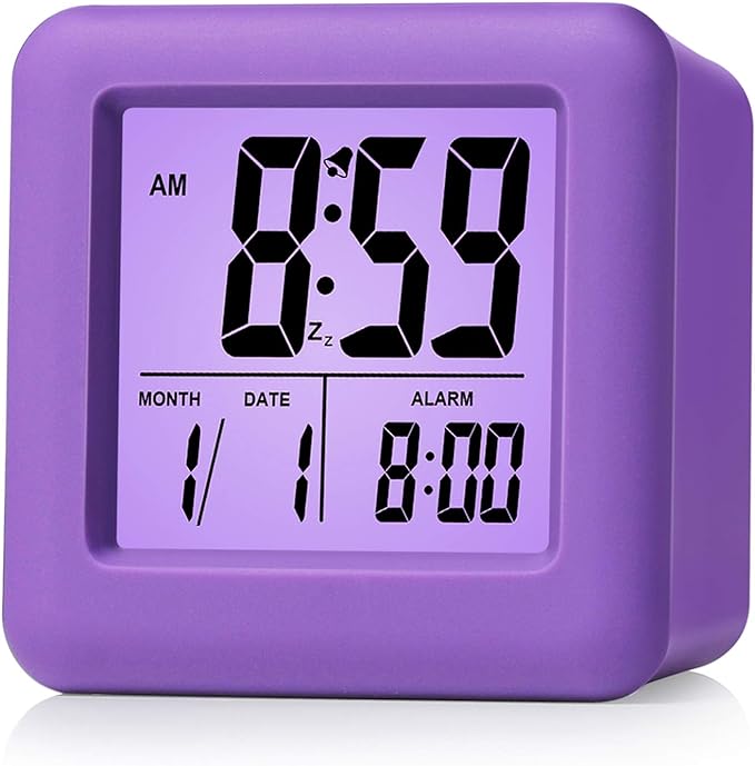 Plumeet Digital Alarm Clock for Kids with Snooze and Nightlight - Easy Setting Silicone Display Time, Date - Loud for Bedroom - Battery Powered (Purple)