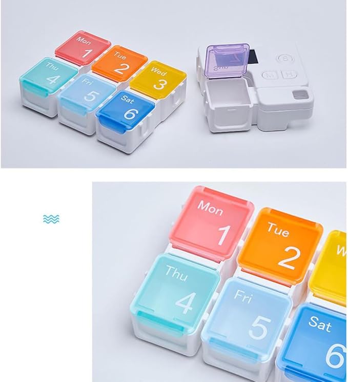 Weekly Pill Organizer Box 7 Compartments Rainbow Color Plastic with Alarm Reminder, Portable Medication Storage for Travel and Home Use