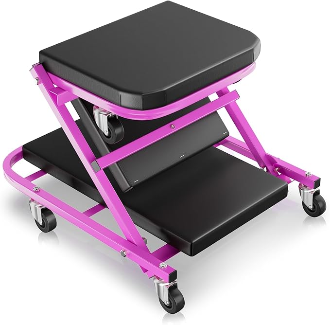 Auto Dynasty 40" Z-Creeper Seat, 2-in-1 Foldable Garage Creeper Shop Seat, 330 LBS Capacity Automotive Mechanic Repair Under Car Rolling Creeper Seat, Purple
