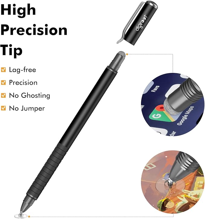 Digiroot Universal Stylus,[2-in-1] Disc Stylus Pens for All Touch Screens Cell Phones, iPad, Tablets, Laptops with 6 Replacement Tips(4 Discs, 2 Fiber Tips Included) - (Black)
