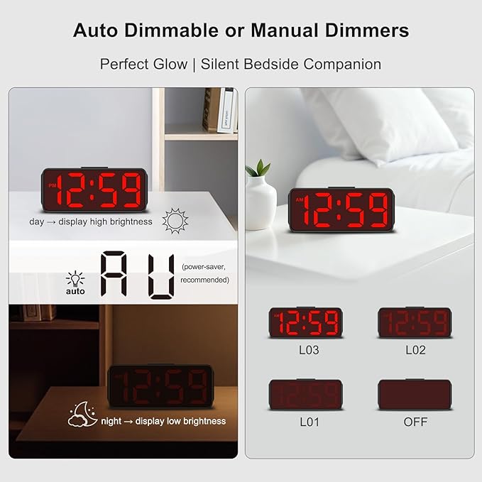 Peakeep Small Battery Powered Digital Alarm Clocks for Bedrooms Bedside, Cordless Tiny Travel Portable Desk Clock, Large Numbers Auto Dimmable, LED Display 4 Dimmers, 5 Alarm Volumes