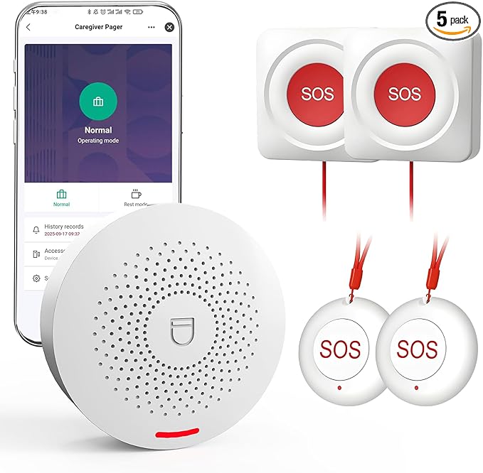 WiFi Caregiver Pager & Call Button with App Alerts, No Monthly Fee, 4 SOS Call Buttons + 1 Receiver Emergency Alert System for Elderly Seniors at Home & Nursing Care Plug & Play Caregiver Call Button