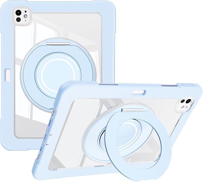 Dteck for iPad Pro 11 inch (M4/M5) 2024/2025 Release Shockproof Clear Case with Stylus Pencil Holder/Rotating Kickstand/Swivel Handle, Lightweight Protective Slim Transparent Tablet Cover Shell, Blue