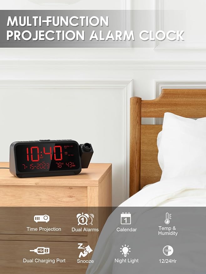 ROCAM Projection Clock for Bedroom, Digital Clock with 180° Projector on Ceiling with 5-Level Dimmer, Dual Loud Alarm Clock with Weekend/Weekday Mode, Date, Temp, Humidity, Night Light, Snooze