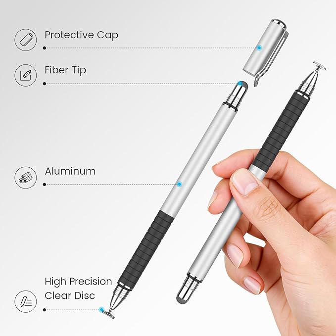 MEKO 6 Pcs Stylus Pen for Touchscreen, 2-in-1 High Sensitivity & Precision for Switch, iPad/iPhone/Samsung/Android Phones & Tablets, Skylight & More, All Touch Screen Devices (Silver)
