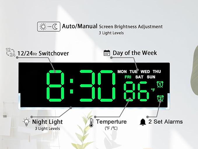 JENLYSTIME 7 Inch LED Digital Alarm Clock with Dual Alarms & Bottom Glow｜Displays Time, Date, Day, Temperature ｜3-Level Auto/Manual Brightness, DST, USB or Battery Powered Modern Desk Clock (Green)