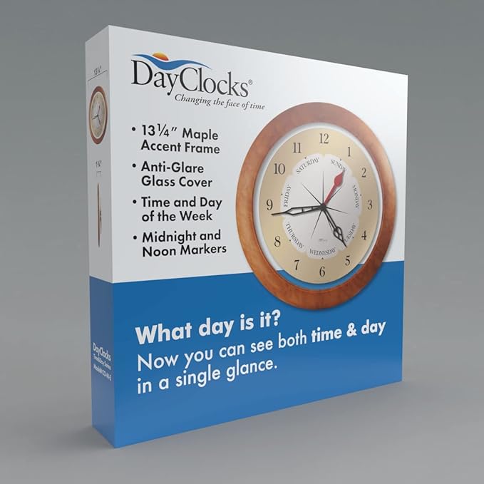 Time & Day of The Week Wall Clock with 13.5” Maple Accent Frame – – Ideal Retirement Gift for Men and Women, Day Clock for Seniors and Retirees