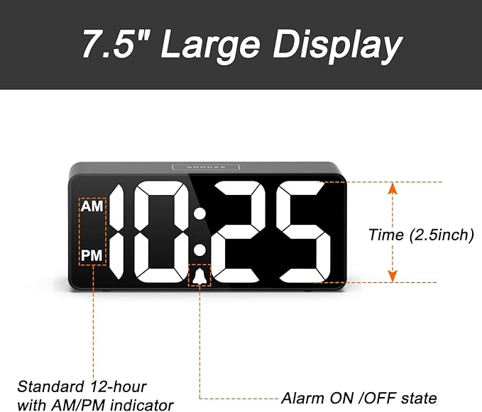 Welgo Senior Friendly Digital Alarm Clock, 7.5 Inches Large Display, Easy to Ues, Fully Range Brightness, Adjustable Volume, Convenient USB Charging Port for Bedside