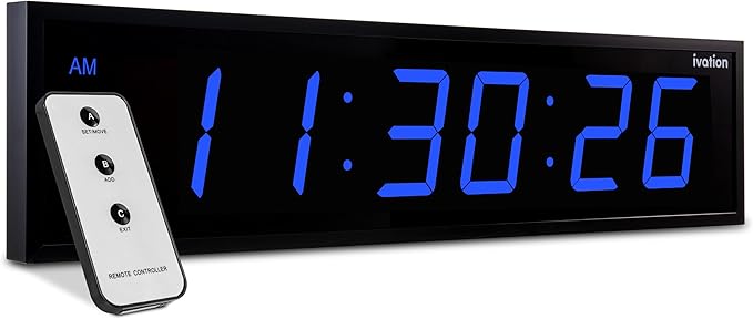 Ivation Oversized Large Digital Wall Clock - Big LED Digital Clock w/Large Display & Durable Aluminum Frame, Shelf or Wall Mount (30 Inch - Blue) 6 Brightness Levels | Time Memory | Remote
