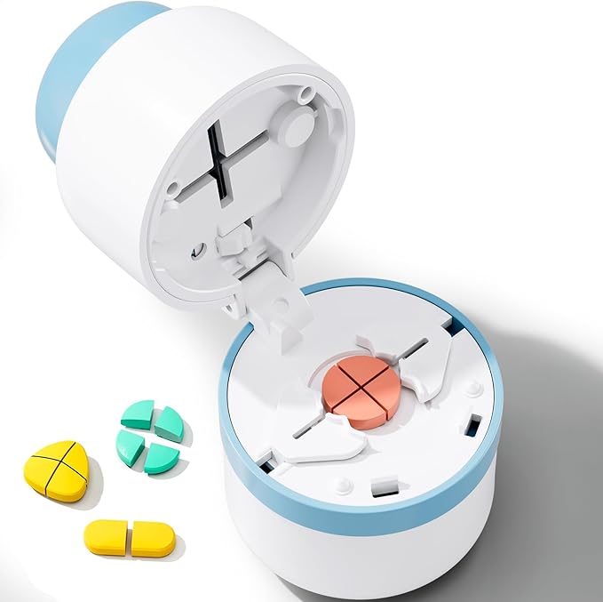 Pill Cutter - Pill Splitter for Small Pills with Stainless Steel Blade in one Third/Fourth, Suitable for Cuting Vitamins, Tablets (1/4Blue + 1/3Grey)