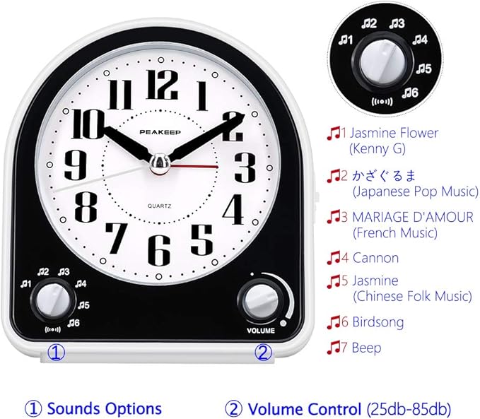 Peakeep Analog Alarm Clock Non-Ticking Silent, Optional 7 Wake-up Sounds with Volume Control, Nightlight and Snooze, AA Battery Operated (Black)