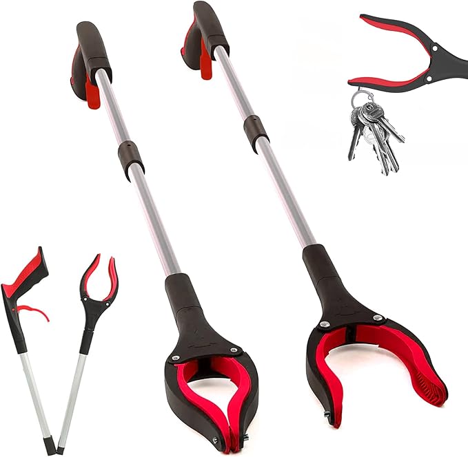 2 Pack Grabber Reacher Tool, 32" Reaching Assist Tool, Foldable Claw Pick Up Stick, Trash Litter Picker, Hand Grabbers, Long Arm Extender (Red)