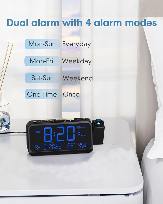 Roxicosly Projection Alarm Clock for Bedroom Ceiling, 118 dB Super Loud for Heavy Sleepers, 6.7" Large Digital Dimmable Display with Day Date Indoor Temp Humidity, Dual Alarms Adjustable Volume