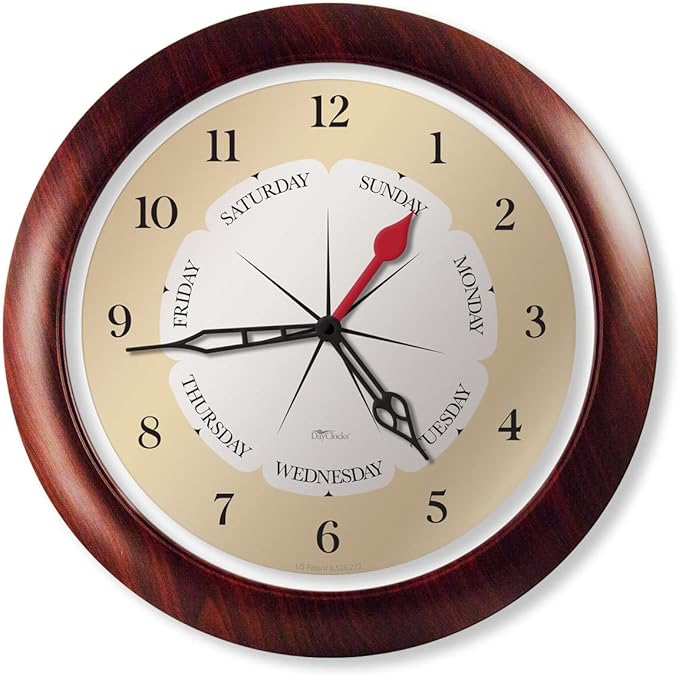 Time & Day of The Week Wall Clock with 13.5” Walnut Accent Frame – – Ideal Retirement Gift for Men and Women, Day Clock for Seniors and Retirees