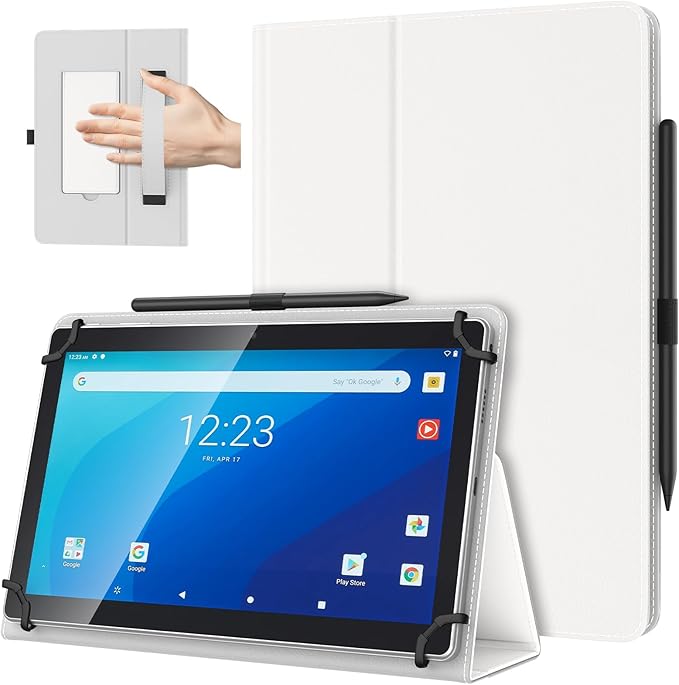 TiMOVO Universal Case for 10.1 Inch Android Tablet with Pen Loop, Lightweight Folding Stand Cover with Hand Strap for All 9.6"-11" Touchscreen Tablet, Ivory White