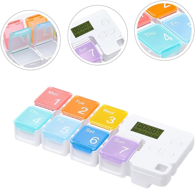 Weekly Pill Organizer Alarm Portable Medicine Case Compartments for Easy Dispensing Food-Grade Material Compact Design for Travel and Daily Use