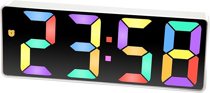 Infinity Instruments LTD. Digital Tabletop Alarm Clock, White with Colored Display, 6.25" x 2.25"
