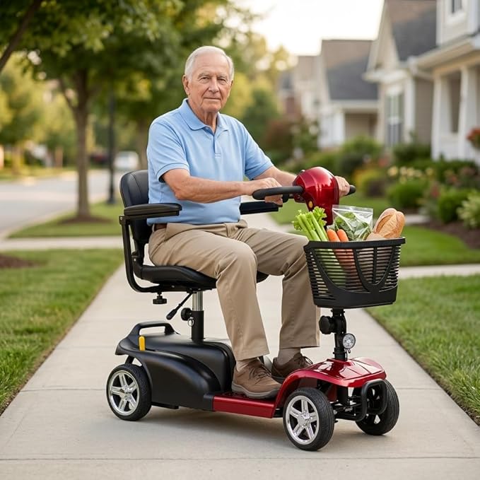 Mobility Scooter 4-Wheel for Seniors, Airport Approved, 264 Max Load Capacity, Portable Motorized Scooters Mobility Aid with Removable Seat, Detachable Front Basket & LED Headlights Red