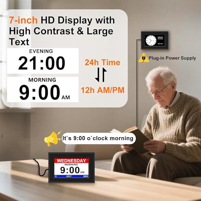 Digital Alarm Clock for Seniors - No-Abbreviation Date HD Display Auto Dimming Photo Frame DST Adjustment, Ideal Gift for Elders (7inch Black)