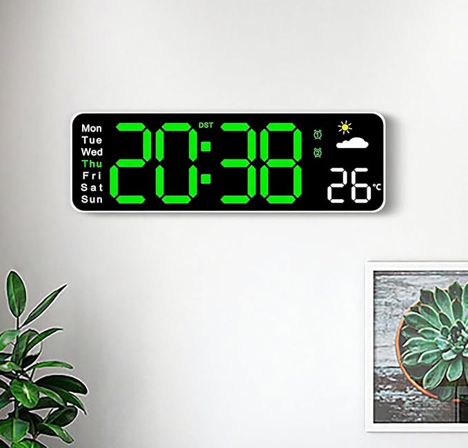 Large LED Digital Wall Clock with Alarm Timer - Auto Dimming Clock with Temperature, Weather and Calendar, Remote Control, Classroom Décor, for Bedroom, Office, Living Room (Green)