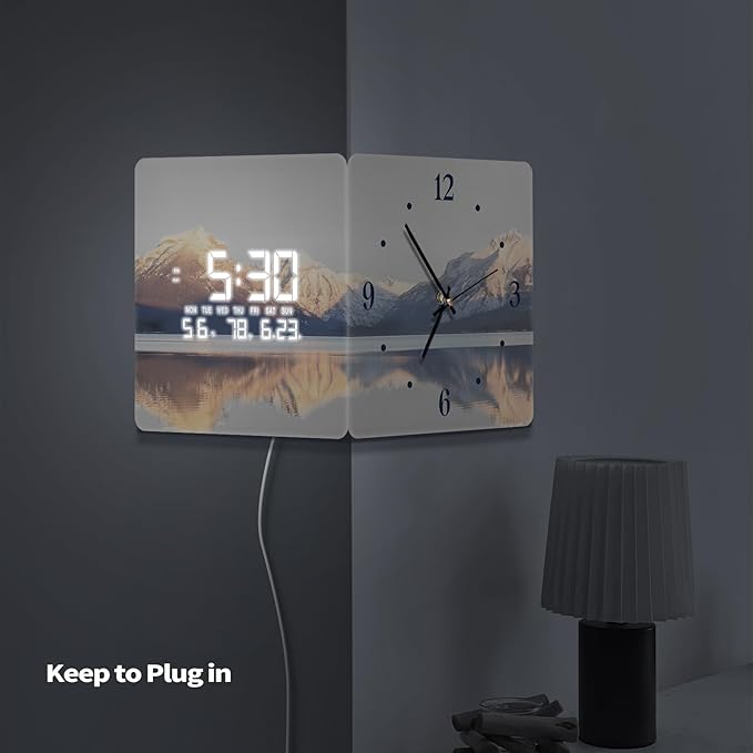 12'' Double Sided 90° Corner Wall Clock, Golden Sunrise & Lake, Radar Motion Activated, Analog & LED Display with Temp Humidity Date Day, Silent Non-Ticking Plug-in for Living Room Hallway