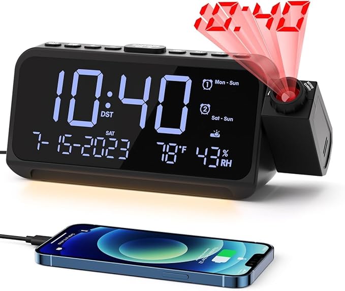 ROCAM Projection Alarm Clock, Digital Clock with 180° Projector on Ceiling Wall, Dual Loud Alarm Clocks for bedrooms with Weekday/Weekend Mode,2 USB Ports, Dimmer, Temp, Humidity, Night Light, Snooze