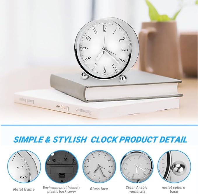 Welltop Analog Alarm Clock, 4 inch Super Silent Non Ticking Small Round Clock with Arabic Numerals Beep Sounds, Battery Operated, Lighted on Demand and Snooze, for Bedrooms Bedside Desk, Easy Set