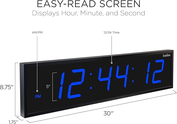 Ivation Oversized Large Digital Wall Clock - Big LED Digital Clock w/Large Display & Durable Aluminum Frame, Shelf or Wall Mount (30 Inch - Blue) 6 Brightness Levels | Time Memory | Remote