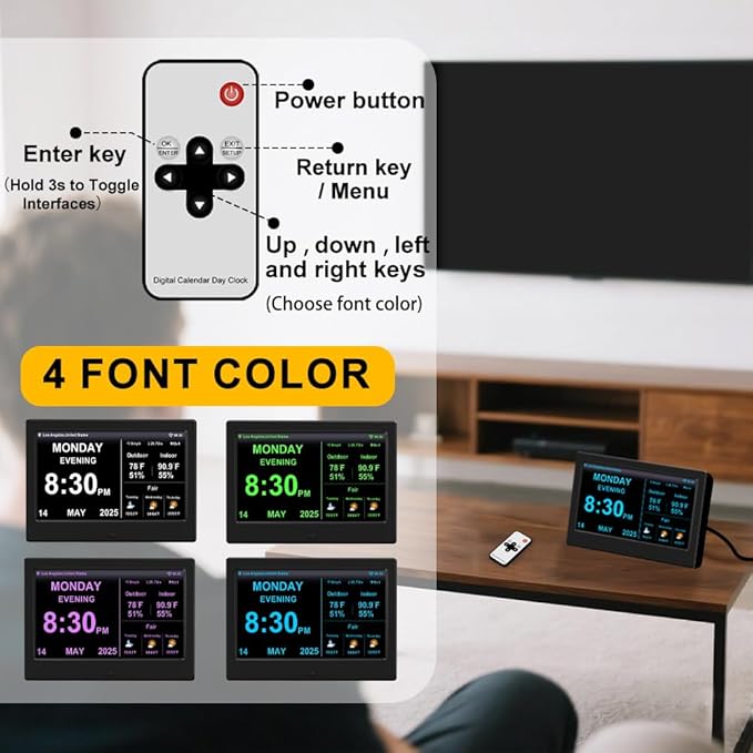 Digtial Calendar Clock with Day and Date Alarm Clock with Weather Temperature Humidify Dementia Alzheimers Elderly Auto Dimmable 8 Alarm Options (Black,7in Weather Clock)