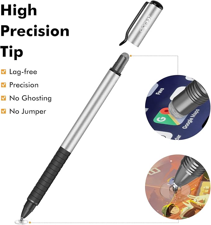 Digiroot Universal Stylus,[2-in-1] Disc Stylus Pens for All Touch Screens Cell Phones, iPad, Tablets, Laptops with 6 Replacement Tips(4 Discs, 2 Fiber Tips Included) - (Silver)