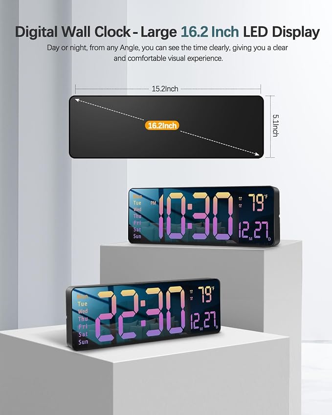 JoFomp Modern 16" Large Digital Wall Clock with Remote Control, LED Display, Auto-Dimming, Countdown, Temperature, Calendar - 12/24Hr Format - Silent Wall Clock for Home, Office (Gradient Pink)