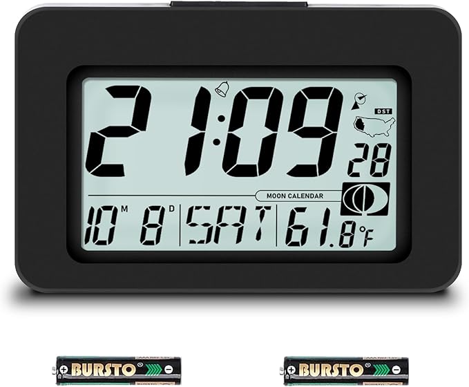 Handy Atomic Alarm Clock - 6'' Battery Operated Digital Clock with Seconds, Self-Setting, Auto Sync, DST, Selectable Time Zones,Portable Travel Desk Clock with 5s Touch Backlight for Bedroom