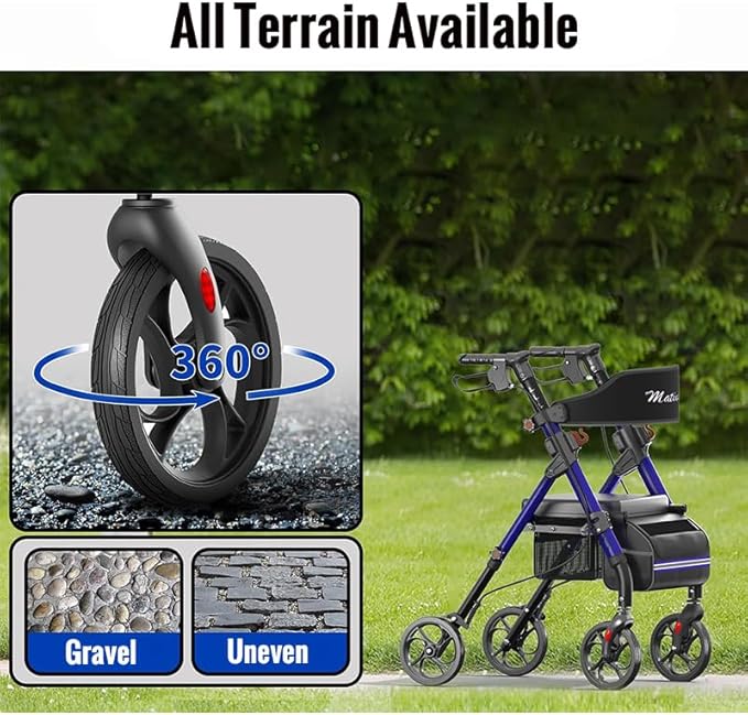 Foldable Rollator Walkers with Seat for Seniors, Lightweight Rollator Walker with 8" Big Wheels, Height Adjustable Ergonomic Rolling Walker Seat, Aluminum and Carbon Steel (Blue)