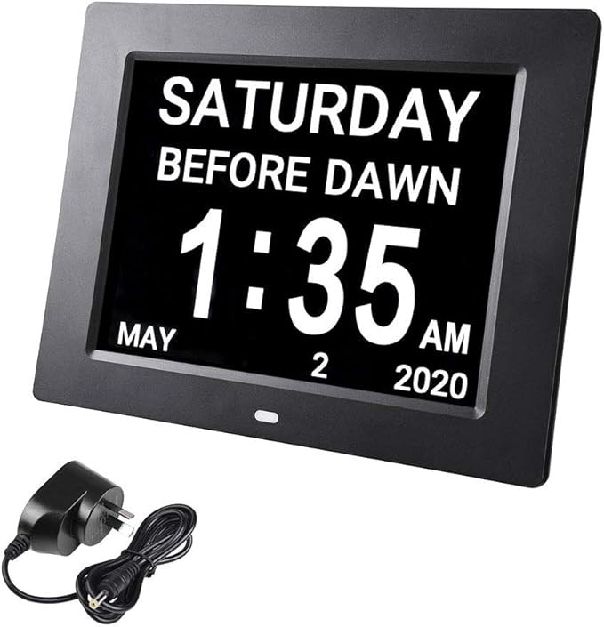 8 Inch LCD Digital Calendar Day Clock, Dementia Large Clock with 8 Alarm Settings Adjustable Brightness, High Resolution Alarm Clock for Seniors (Black)