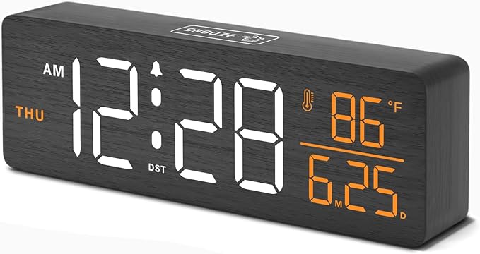 DreamSky Wooden Digital Alarm Clocks for Bedrooms – Large Display Desk Clock with Date & Day of Week for Living Room, Temperature, Dimmer, Adjustable Volume, Auto DST, Office Wood Décor (Plug-in)