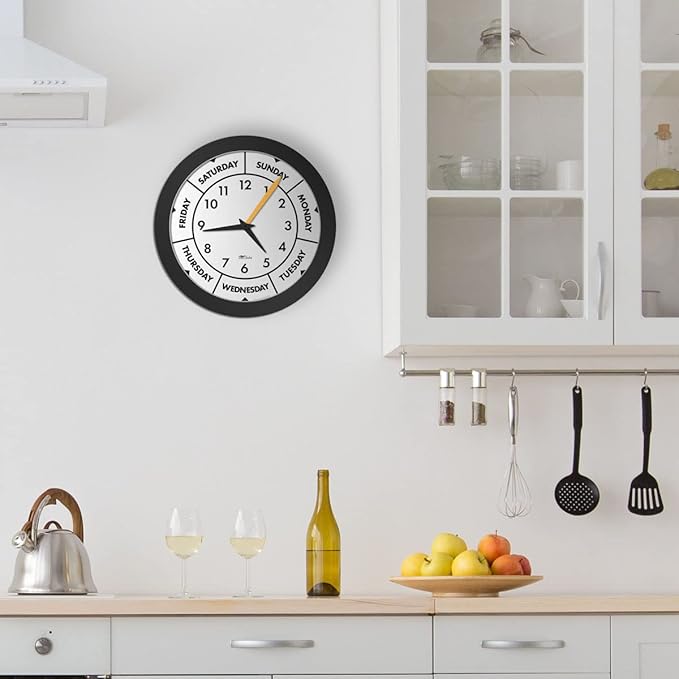 Time & Day of The Week Wall Clock with 12” Modern Black Frame – – Ideal Retirement Gift for Men and Women, Day Clock for Seniors and Retirees