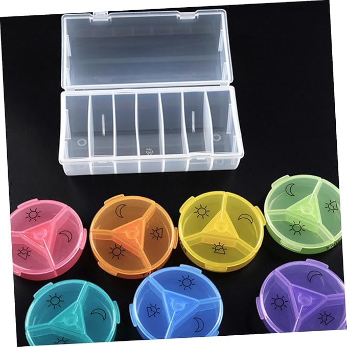 Baluue Pill Container Round Portable 21 Compartment Weekly Organizer Medicine Holder Rainbow Dispenser