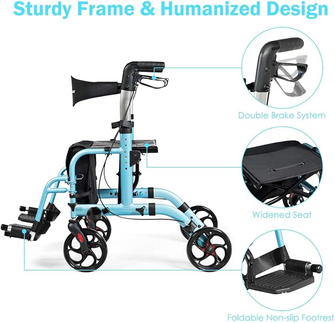 GOPLUS 2 in 1 Rollator Walkers for Seniors, Folding Rollator Walker with Seat, 8-inch Wheel Medical Drive Walker Wheelchair Combo with Backrest, Adjustable Handle for Adults, Aluminium Frame