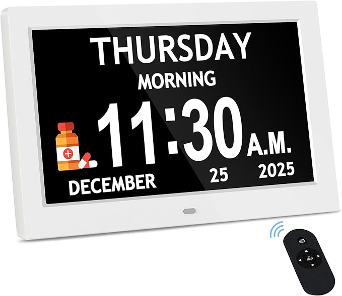 Black+White Set - 10.1'' Dementia Clock for Seniors (2-Pack), Large Digital Display with Date/Time/Day, for Elderly/Alzheimer's, HD 1280*800, 10 Reminders & 6 Alarms, Auto Dimming, Remote Control