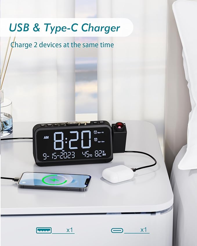 Roxicosly Projection Alarm Clock for Bedroom Ceiling, 118 dB Super Loud for Heavy Sleepers, Plug in Dual Alarm with Weekday/Weekend, 6.7" Large Digital Dimmable Display, Easy to Read