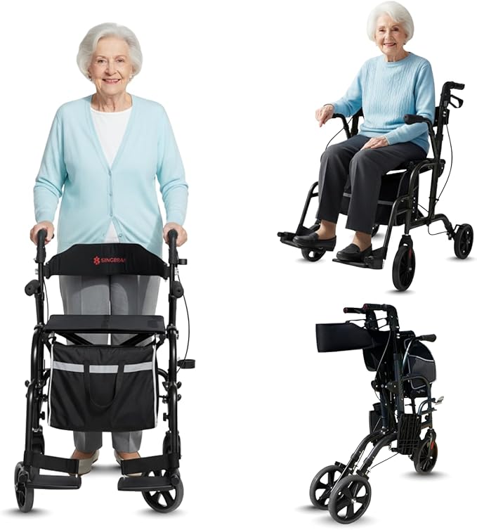 2 in 1 All Terrain Rolling Walker with Seat and Brakes, Foldable, Lightweight, for Seniors & Adults - Adjustable Height & Detachable Footrest Included (Dark Gray)
