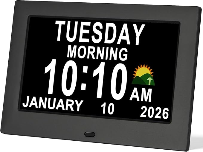 KASTISS Dementia Digital Clock for Seniors 7" Large Display Clock with Day and Date for Elderly Easy to Use 15 Alarms 5 Colors Auto Dimmable Alarm Clock for Bedroom Classroom Senior Gifts (Black)