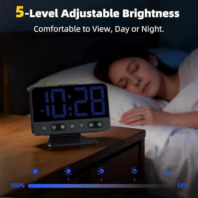 Digital Alarm Clock with Large Numbers for Bedrooms: Bold Display Readable Across The Room with 5 Level Brightness - 5 Alarm Sounds 8 Night Lights for Kids Seniors Teens - Blue