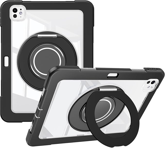 Dteck for iPad Pro 11 inch (M4/M5) 2024/2025 Release Shockproof Clear Case with Stylus Pencil Holder/Rotating Kickstand/Swivel Handle, Lightweight Protective Slim Transparent Tablet Cover Shell, Black