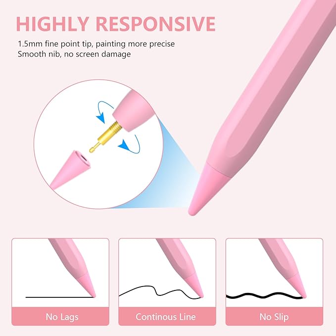 Stylus Pen for iPad 2018-2023 with Palm Rejection, Active Pencil for iPad 10th/9th/8th/7th/6th Generation, for iPad Pro 11/12.9 inch, for iPad Air 5th/4th/3th Gen, for iPad mini 6th/5th Gen (Pink)
